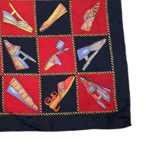 Salvatore Ferragamo Vintage 100% Silk Shoe Designs Scarf 16” Square Red Blue - Picture 10 of 12